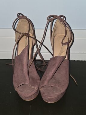 Charlotte Russe Mauve Suede Lace-Up Peep Toe Heels
